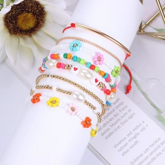 8Pcs Beaded Stretch Y2K Bracelets For Women Handmade Lobster Clasp Beaded Bracelets Pearl Flower Rainbow Elastic Adjustment Bracelet Beach Summer VSCO Bracelet Set